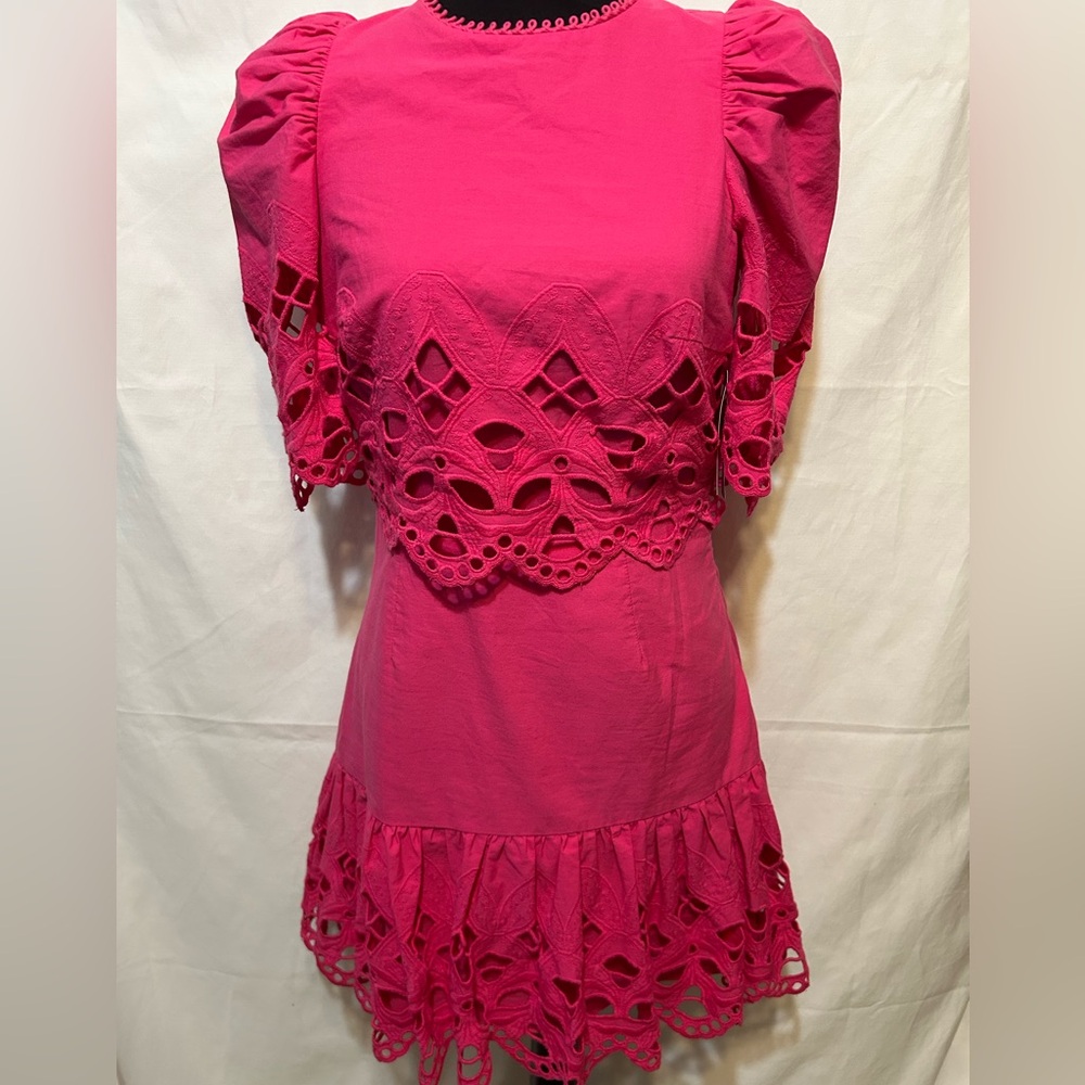 New Saylor Auroette Eyelet Puff‎ Sleeve Cotton Poplin Dress in Hot Pink Size XS - Picture 4 of 14